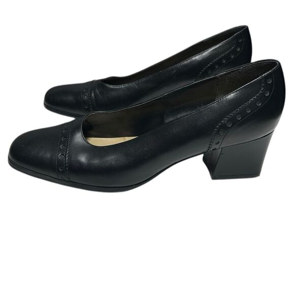 Vintage Leather Black Heels Studio Roma Block Heel Closed Toe Heels Size 8.5 - Picture 1 of 12